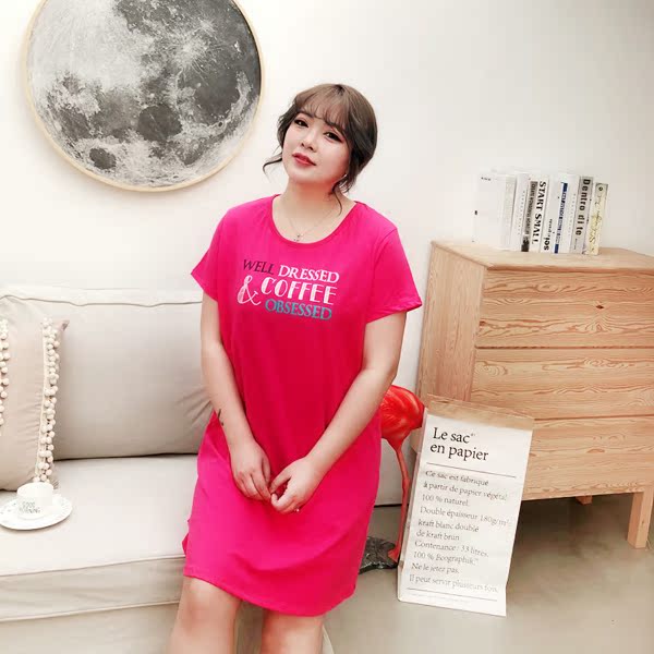 [Phản hồi gấp 4 lần] kích thước lớn chất béo mm mùa xuân và mùa hè mới dễ thương hoạt hình cotton ngắn tay phục vụ đêm áo dạ nữ dáng dài hàn quốc