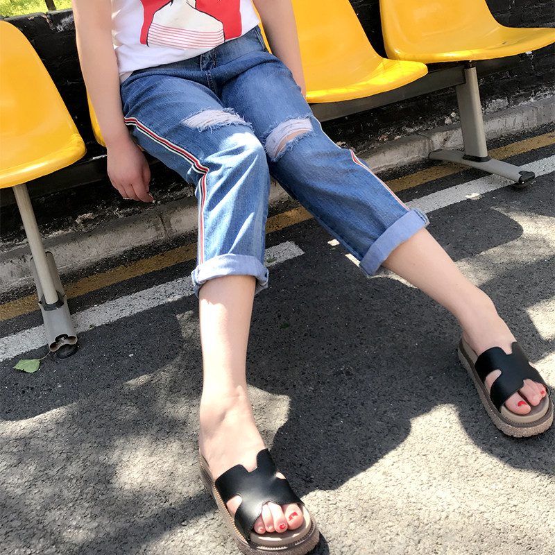 花边下大码胖mm条纹侧边织带破洞牛仔裤显瘦九分裤直筒