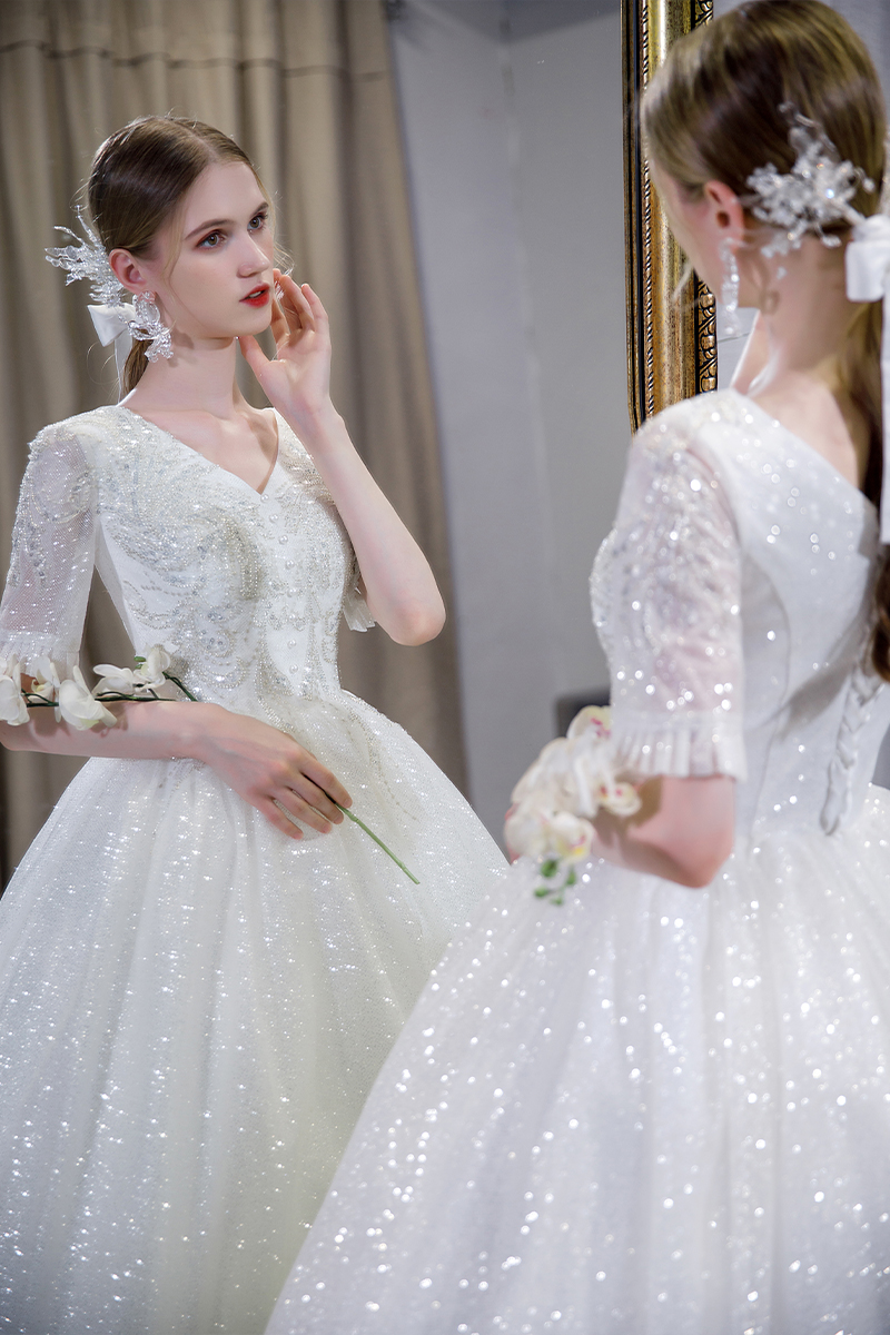 Light Wedding Dress 2021 New Temperament Bride Super Fairy Dreamy Starry Sky Shinori Autumn Winter With a Shoulder Main Wedding Dress