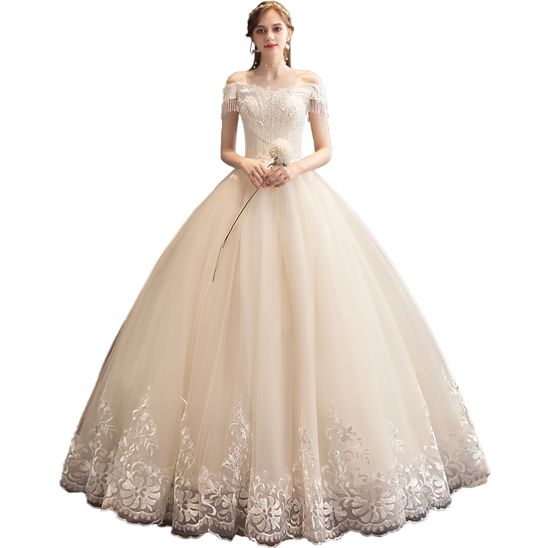 Pháp váy cưới chủ 2020 mới một từ siêu cổ tích xa xỉ sen dòng váy ánh sáng rượu sâm banh màu cô dâu đám cưới đám cưới kéo đuôi đám cưới