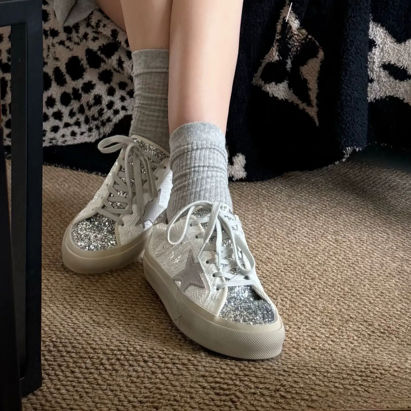 3.5cm Height Increase~ Korean Style Sequin Thick-Soled Star Sneakers for Women, Outdoor Hiking Lightweight Sports Shoes, Casual White Shoes
