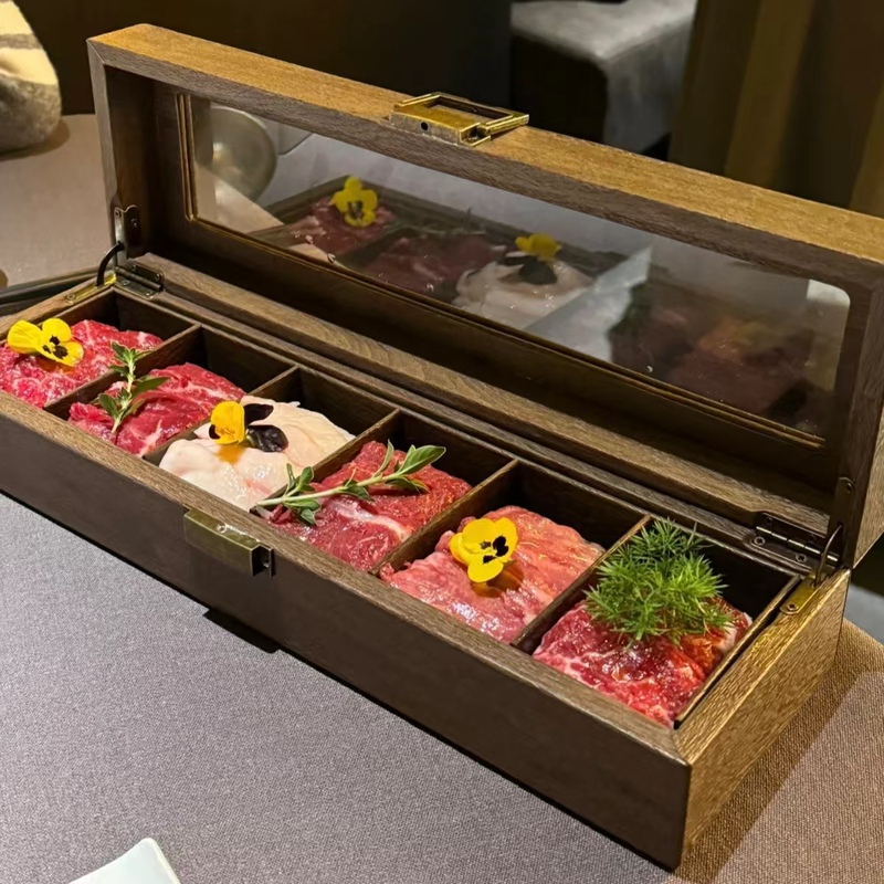 Creative Japanese-Style Snowflake Wagyu Barbecue Platter Tableware Hot Pot Meat Assortment Grilled Meat Wooden Box Six-Compartment Platter with Lid