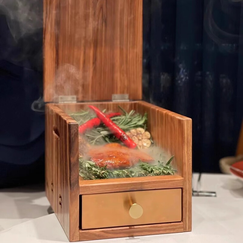 Western-Style Charcoal-Grilled Steak Box, Smoked Barbecue Wooden Box, Solid Wood Flip-Top Restaurant Creative Wooden Tableware with Drawer