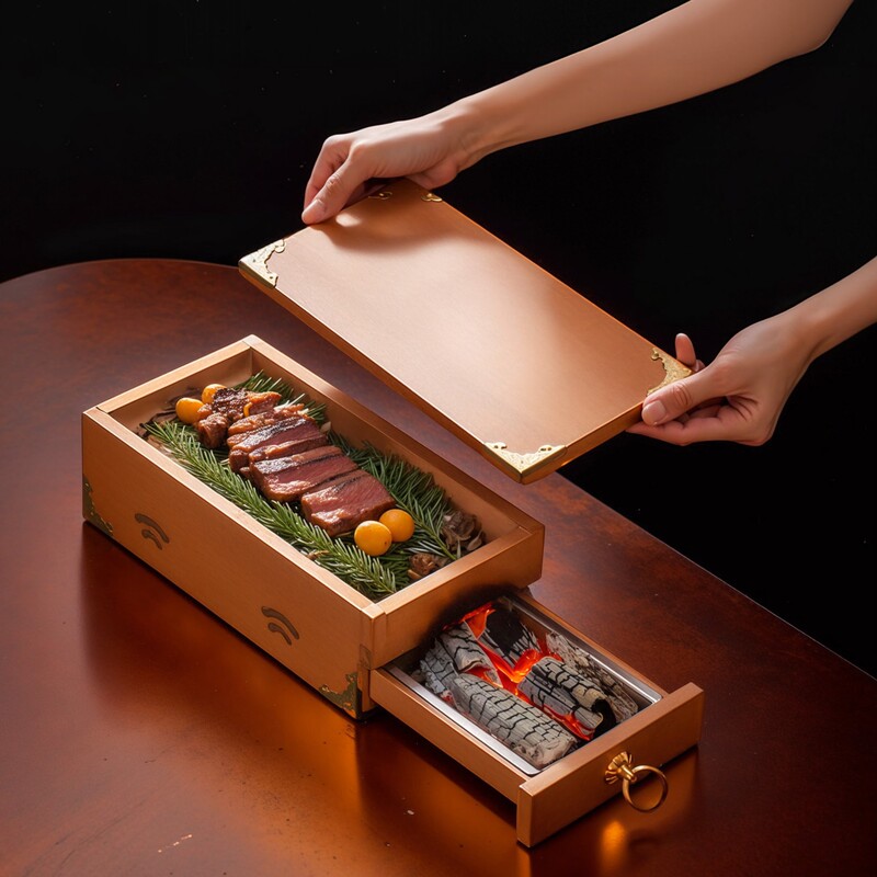 New Solid Wood Steak Barbecue Box Restaurant Creative Heatable Rectangular Smoked Wagyu Western Food Specialty Dish Tableware