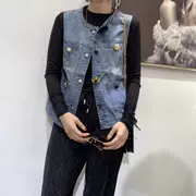 Thời trang đường phố châu Âu và châu Mỹ Fan fan đầu thu mùa thu mới của phụ nữ denim 2019 áo khoác không tay mùa thu đầu mùa bùng nổ - Áo vest