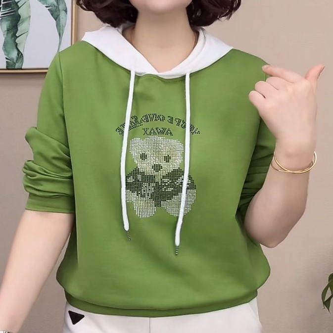 Fashionable Mother's Clothing, Fake Two-Piece Hooded Long-Sleeved Sweatshirt for Women, 2025 Spring and Autumn New Style, Loose, Slimming, Stretchy Cotton Top