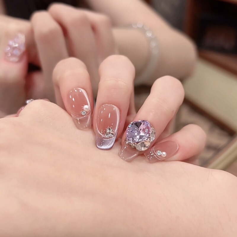 Mo Zai Original [Flower Shadow Purple Dew] Handmade Wearable Nails Short Style Manicure New High-End Elegant Manicure 0018