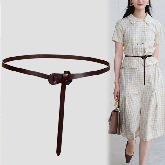 Black Genuine Leather Knotted Belt for Women, Decorative Summer Dress Belt, Suitable for Suits, Shirts, and Trousers, Fashionable and Versatile Belt
