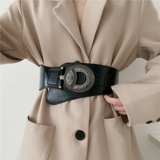 Black Vintage Genuine Leather Belt for Women, Decorative Accessory for Suits, Trench Coats, Sweaters, and Coats, Versatile Extra-Wide Waist Belt