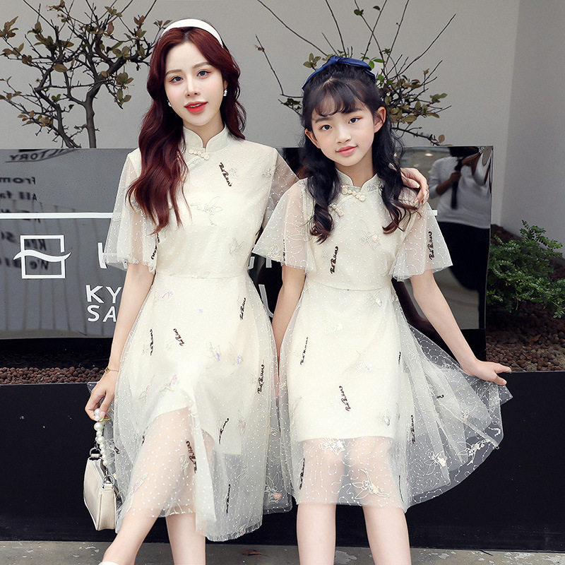 National tide parent-child dress cheongsam improved version of mother and daughter dress Western style dress 2021 new summer thin section mesh buckle