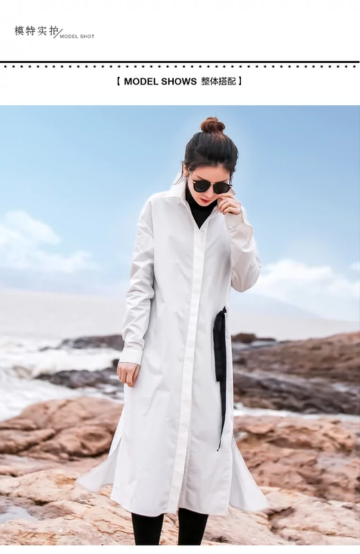 Áo sơ mi nữ tay dài 2018 xuân mới phong cách dài phần phiên bản Hàn Quốc bên hông xẻ tà váy cotton trắng hoang dã