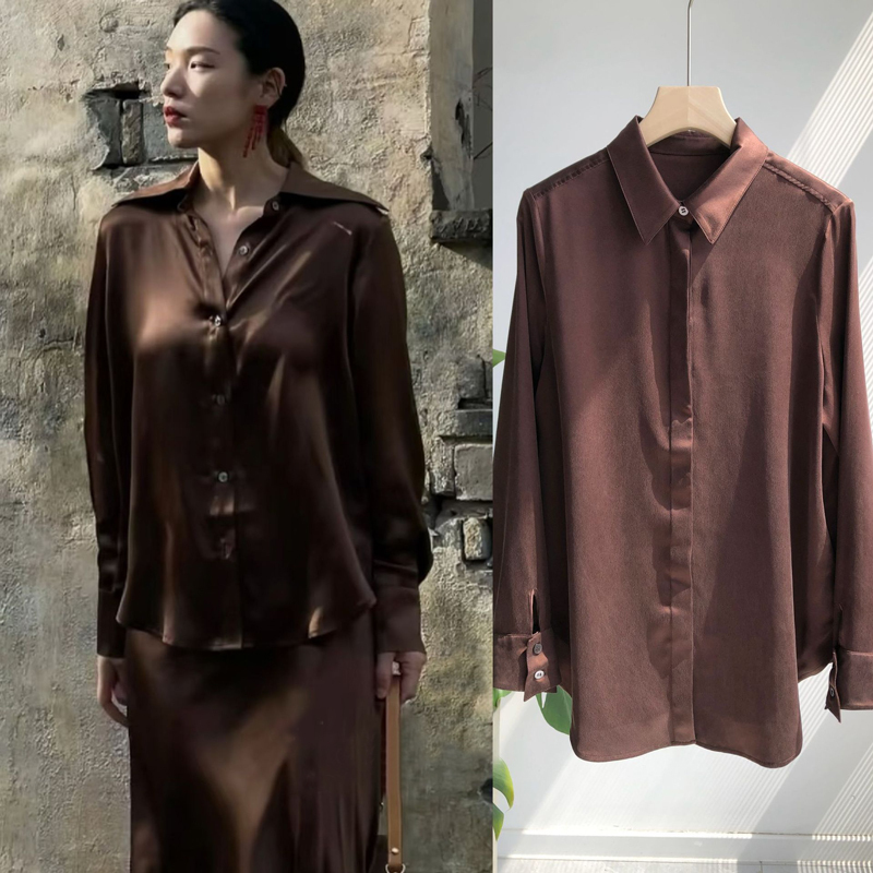 Luxurious and Noble·Old Money Style Dark Brown Chocolate Color Sand-Washed Satin Silk Long-Sleeved Shirt