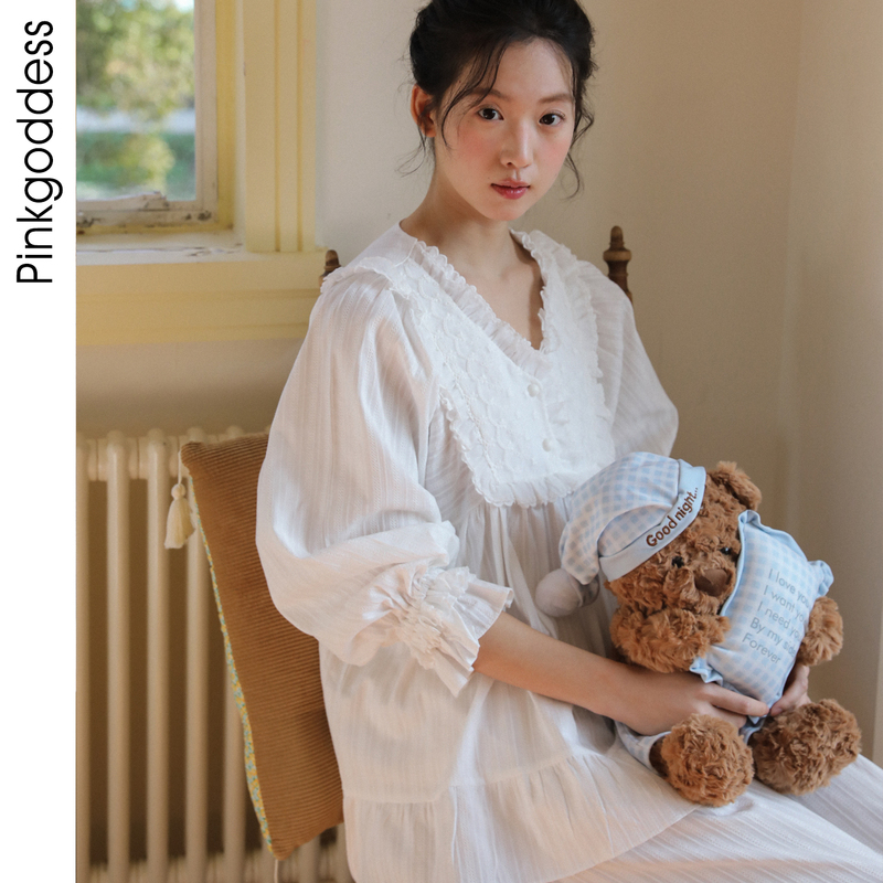 100% Cotton French Princess Style Korean Sweet Lace Cute Home Wear Set That Can Be Worn Outside as Pajamas for Spring, Autumn, and Summer