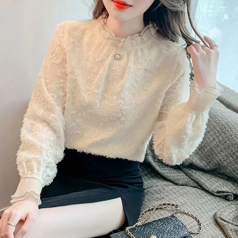 Ранняя весенняя женская шифоновая рубашка, новый пуловер с длинными рукавами и воротником-стойкой, кружевная рубашка свободного кроя в западном стиле, универсальный топ