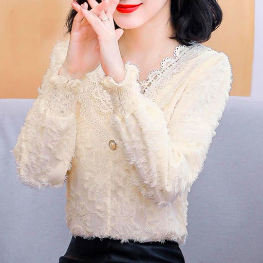 加绒/薄款洋气打底衫女秋冬装2025气质V领蕾丝边雪纺衫超仙气上衣