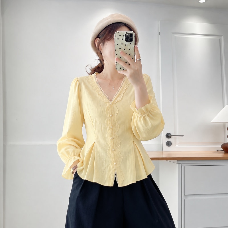 2026 Autumn New Plus Size Women's Fashion French Lace Trim Long Sleeve Shirt with Waist-Cinching Slimming Effect 2026 Autumn New Plus Size Women's Fashion French Lace Trim Long Sleeve Shirt with Waist-Cinching Slimming Effect