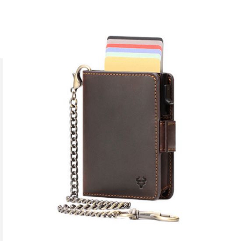 Vintage Men's First-Layer Cowhide Card Holder Rfid Metal Card Case Genuine Leather Wallet Chain Coin Purse Driver's License Holder