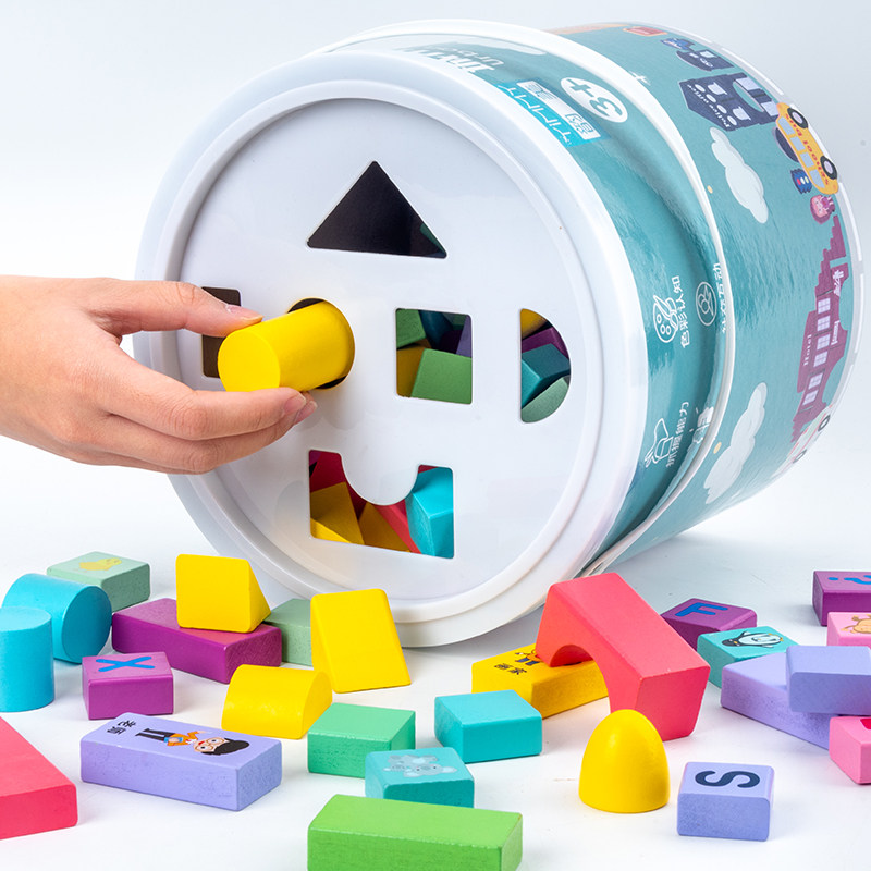 Early learning building block toy color wooden cube triangle rectangle building blocks patchwork end order