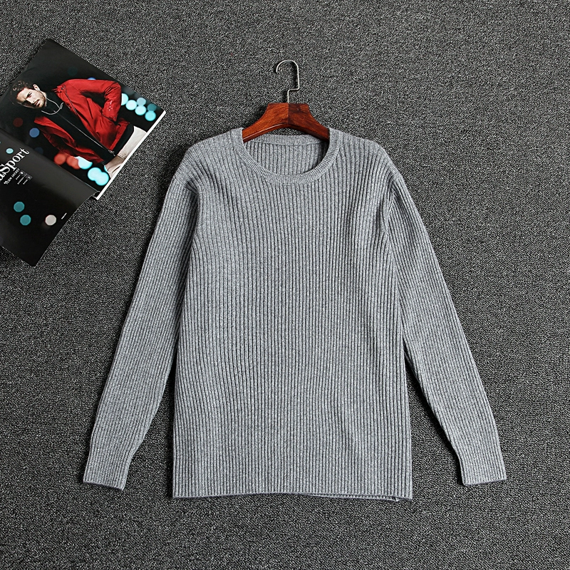 Áo len nam cổ tròn nguyên chất cashmere đôi cổ dày, áo len cổ tròn co giãn màu xám. - Áo len Cashmere