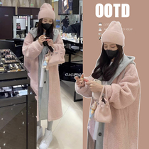 Maternity coat winter 2023 lamb wool warm coat fake two-piece hooded mid-length knitted cardigan autumn and winter