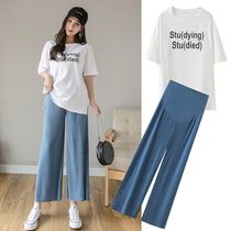 Pregnant woman summer dress set tide hot mom out fashion shirt shirt belly ankle-length pants two-piece foreign style thin