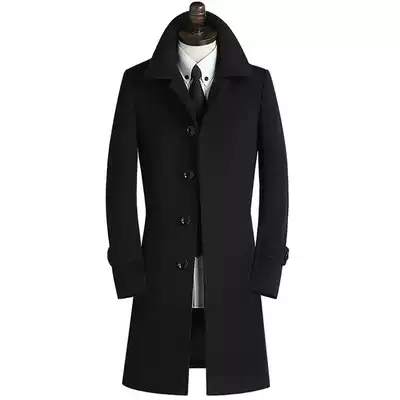 Long version of men's autumn and winter cashmere coat single-breasted Korean version of slim windbreaker windproof and warm medium and long version of woolen coat