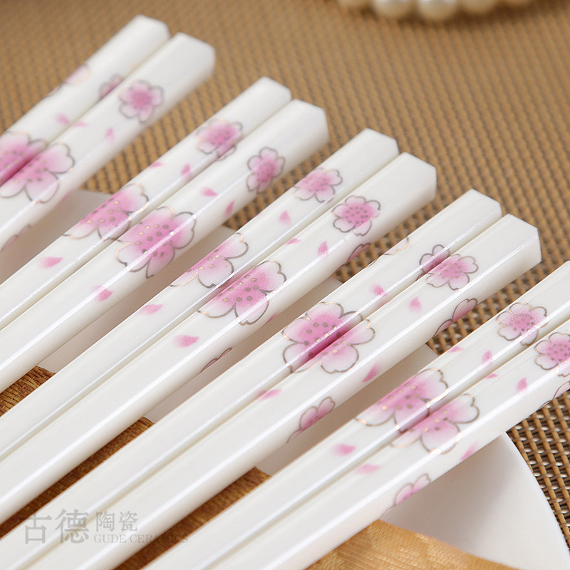High-grade Chinese plum porcelain chopsticks Pink plum chopsticks Ceramic square non-slip high temperature resistant 5 pairs of family clothing