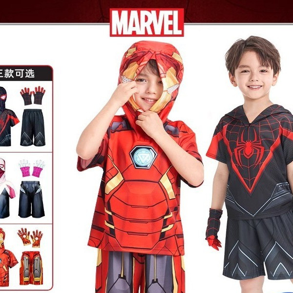 Marvel Hero Spider-Man Clothing Summer Short-Sleeved Shorts Set Miles Gwen Mesh Breathable Hooded Boys