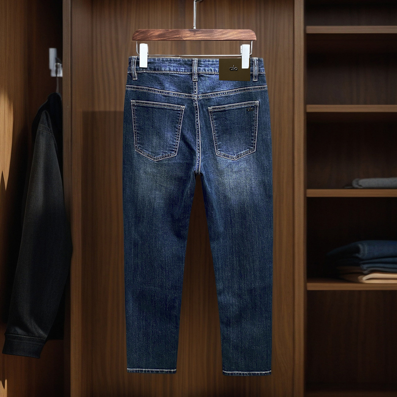 High-End Trendy Brand Original Color Men's Jeans, Slim Fit, Straight Leg, Tapered, Mid-Rise, Stretchy, Simple Style, Long Pants