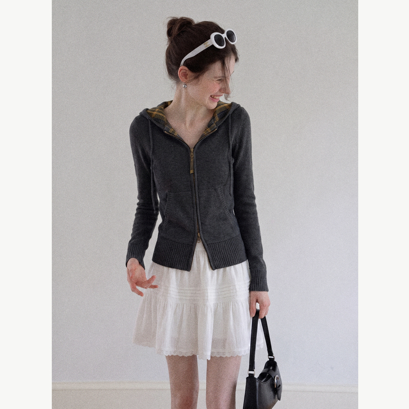 Dark Gray Double-Zip Hooded Sweater Knitwear for Women, Early Autumn Short Slim-Fit Base Layer Cardigan Jacket Top