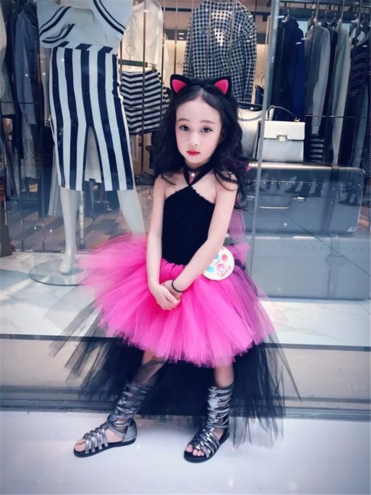 Tutu sợi cô gái sàn catwalk dress hoa hồng đỏ + đen trẻ em trước khi ngắn dài pettiskirt triều cá tính quần áo quần áo cha mẹ và con áo khoác vest bé trai