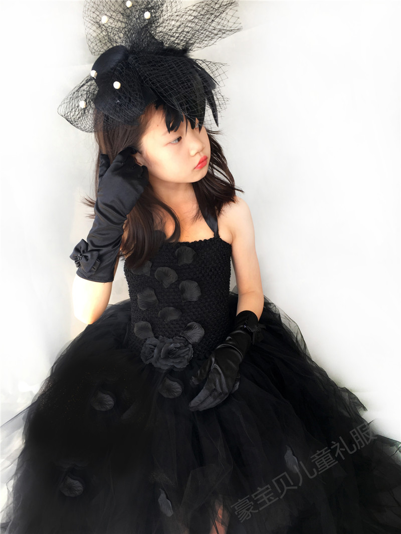 Tutu sợi cô gái catwalk đầm trẻ em đen ngắn ngắn đuôi dài có thể tháo rời màu đen công chúa phòng thu váy đồ bộ cho bé gái