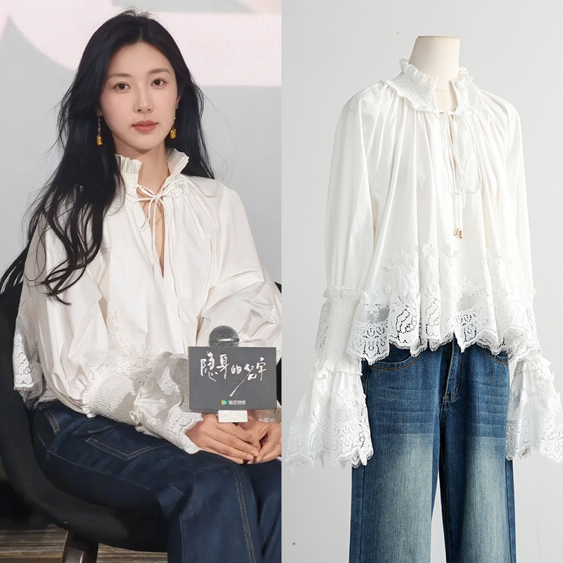 Dong Jie Style Heavy Lace Floral Trim Women's Shirt 2026 New High-Weave Anti-Wrinkle Loose Comfortable Casual Top