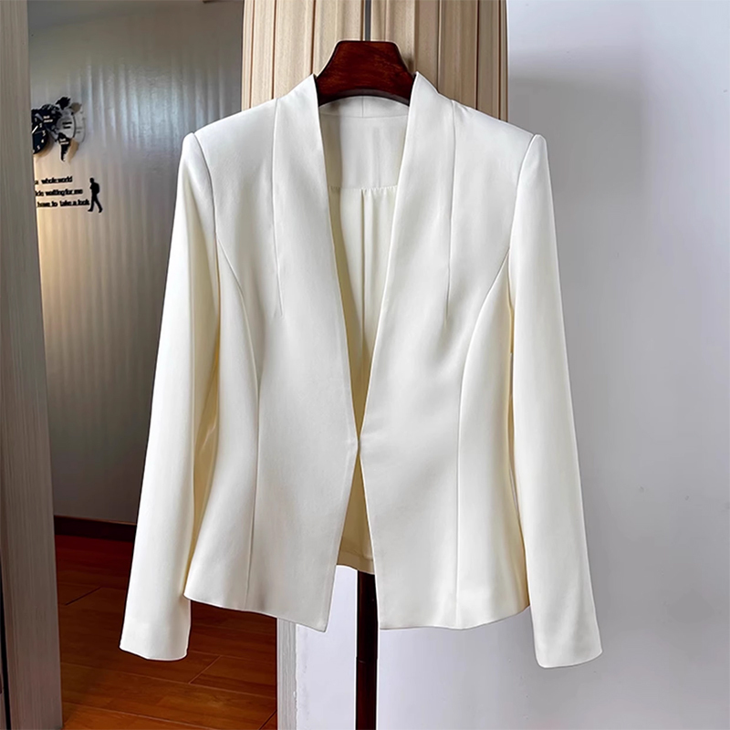 Elegant Commuter Acetate Blazer for Women, Spring and Summer, Slim Fit, Waist-Cinching, Single-Button, Collarless, Thin Jacket
