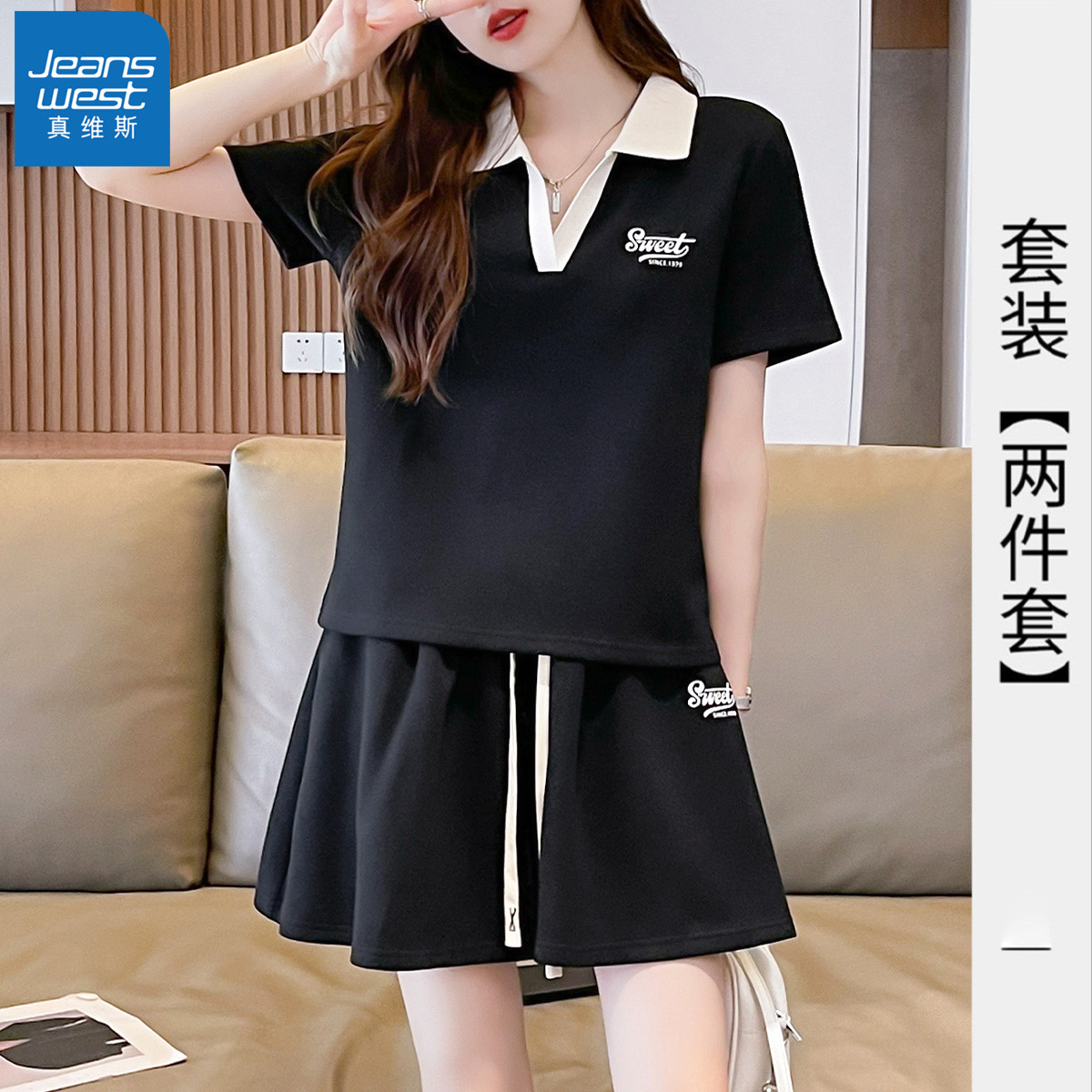 Real Wyss Summer New Dress Polo Collar Short Sleeve Wide-leg Shorts Two Sets Loose Casual Sports Suit O-Taobao