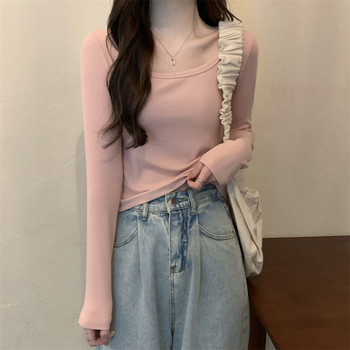 Pink Sweet Style Slim Fit Versatile Long-Sleeve T-Shirt for Women 2024 Autumn Petite Round Neck Pullover Short Top That Exposes the Collarbone