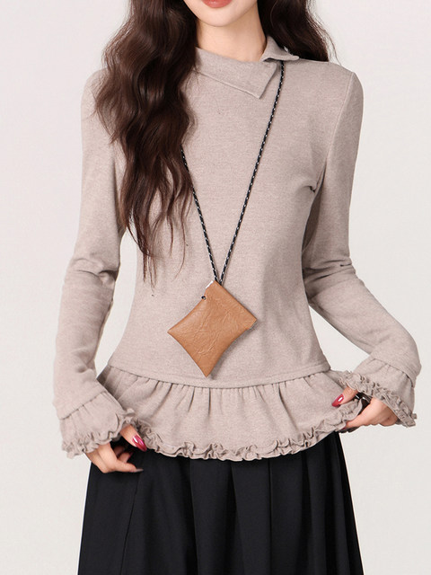 Hong Kong Style Retro Half-High Collar Ruffled Lace T-Shirt for Women, Autumn and Winter, Regular Shoulder, Slim Fit, Super Pretty and Unique Top ins