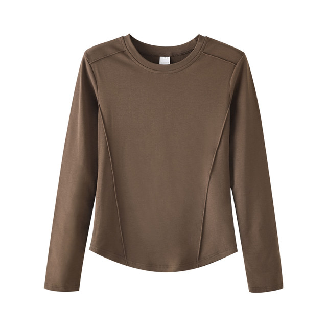 Chic Solid Color Round Neck Long-Sleeved Bottoming Shirt for Women, New Autumn Design, Curved Hem Short Top Bottoming Shirt