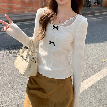 2026 Spring New Style Pure Sweet Square Neck Lace Patchwork T-Shirt for Women, Unique and Beautiful Slim-Fit Top