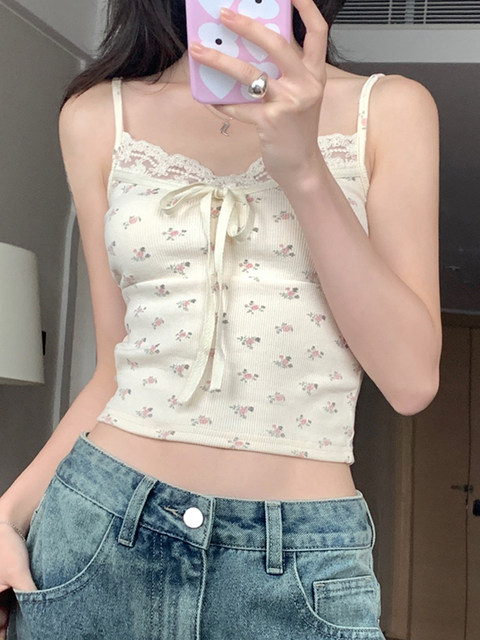 Sweet and Spicy Lace Floral Camisole for Women, New Summer Style, Cropped, Tie-Up, Bowknot Vest, Outerwear Top