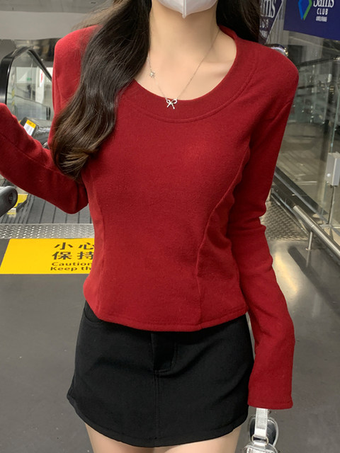 Burgundy Simple Casual Pullover T-Shirt for Women, New Spring Style, Round Neck, Fashionable and Versatile Base Shirt Top