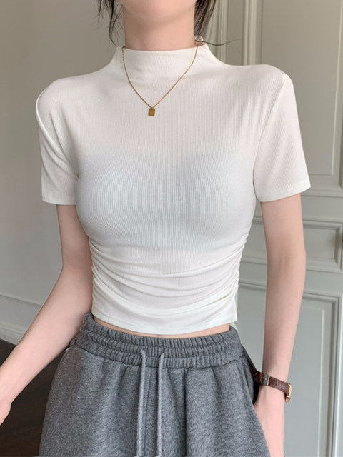 Half-High Collar, Tight-Fitting, Waist-Cinching, Pleated Short-Sleeve T-Shirt for Women, New Summer Korean Style, Pure and Elegant, Short, Regular Shoulder Top