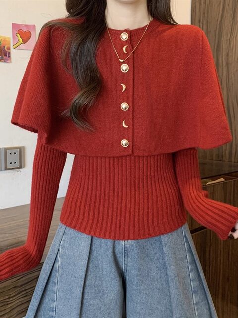 Sweet and Age-Reducing Retro Polka-Dot Ribbon Cape Shawl for Women, Autumn and Winter, High-End Feel, Slim Fit, Soft and Fluffy Sweater