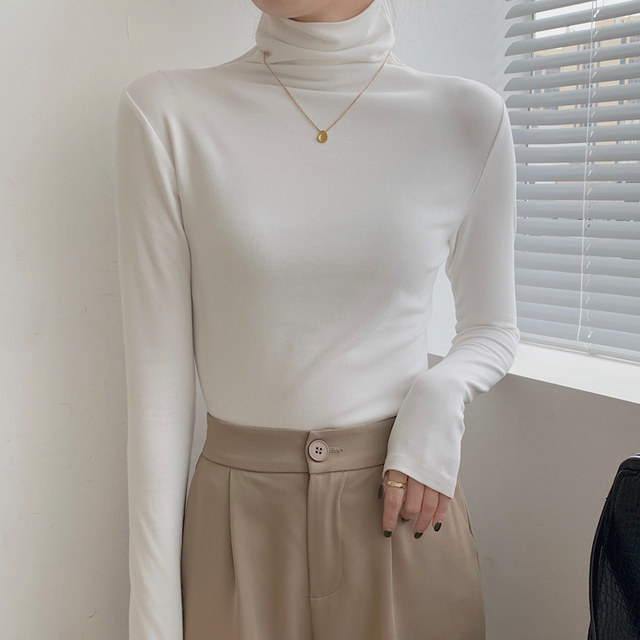 High-Neck Base Shirt for Women, 2024 Autumn and Winter New Style, Stylish Inner Wear, Brushed Thin Velvet White Long-Sleeve T-Shirt for Women ins