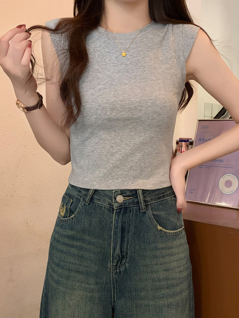 Summer Pure Desire Spicy Girl Chic Unique Flutter Sleeve T-Shirt for Women, Korean Style Solid Color Slim Fit Versatile Round Neck Pullover Top