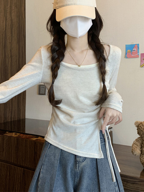 American-Style Sweet and Spicy Drawstring Ruched Long-Sleeve T-Shirt for Women, 2025 Autumn, Color-Blocking, Fake Two-Piece, Irregular Design Top