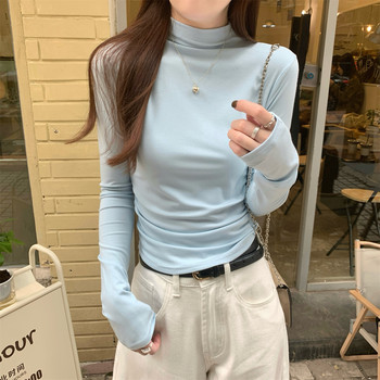 Half-High Collar Long-Sleeve Base Shirt T-Shirt for Women, Autumn Pleated Unique Blue Color, Flattering and Stylish Top