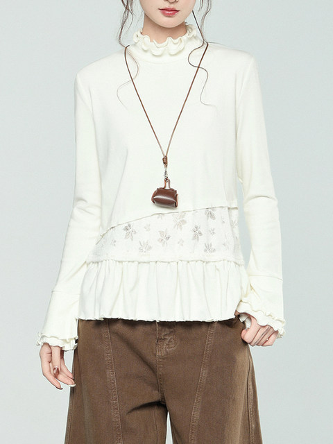 Ruffled Half-High Collar Brushed Base Shirt for Women, Autumn and Winter Lace Hem Design, High-End Niche Unique Top