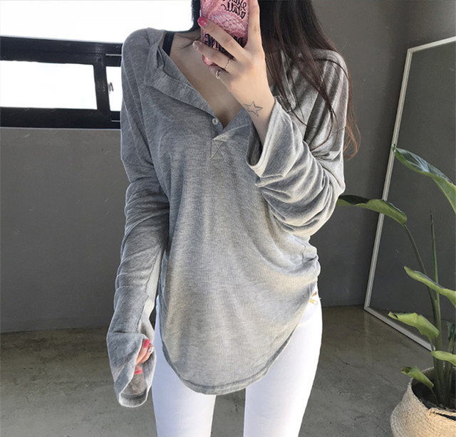 Loose, Asymmetrical Half-Open Collar Button-Up White Long-Sleeve T-Shirt for Women, New Autumn Style, Pure and Lazy, Sun-Protective, Thin Top