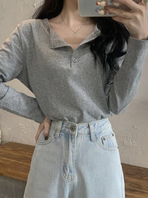 Korean Style Half-Open Collar Gray Long-Sleeve T-Shirt for Women, Early Spring New Style, Simple Casual Loose Fit, Regular Shoulder, Versatile Base Shirt ins